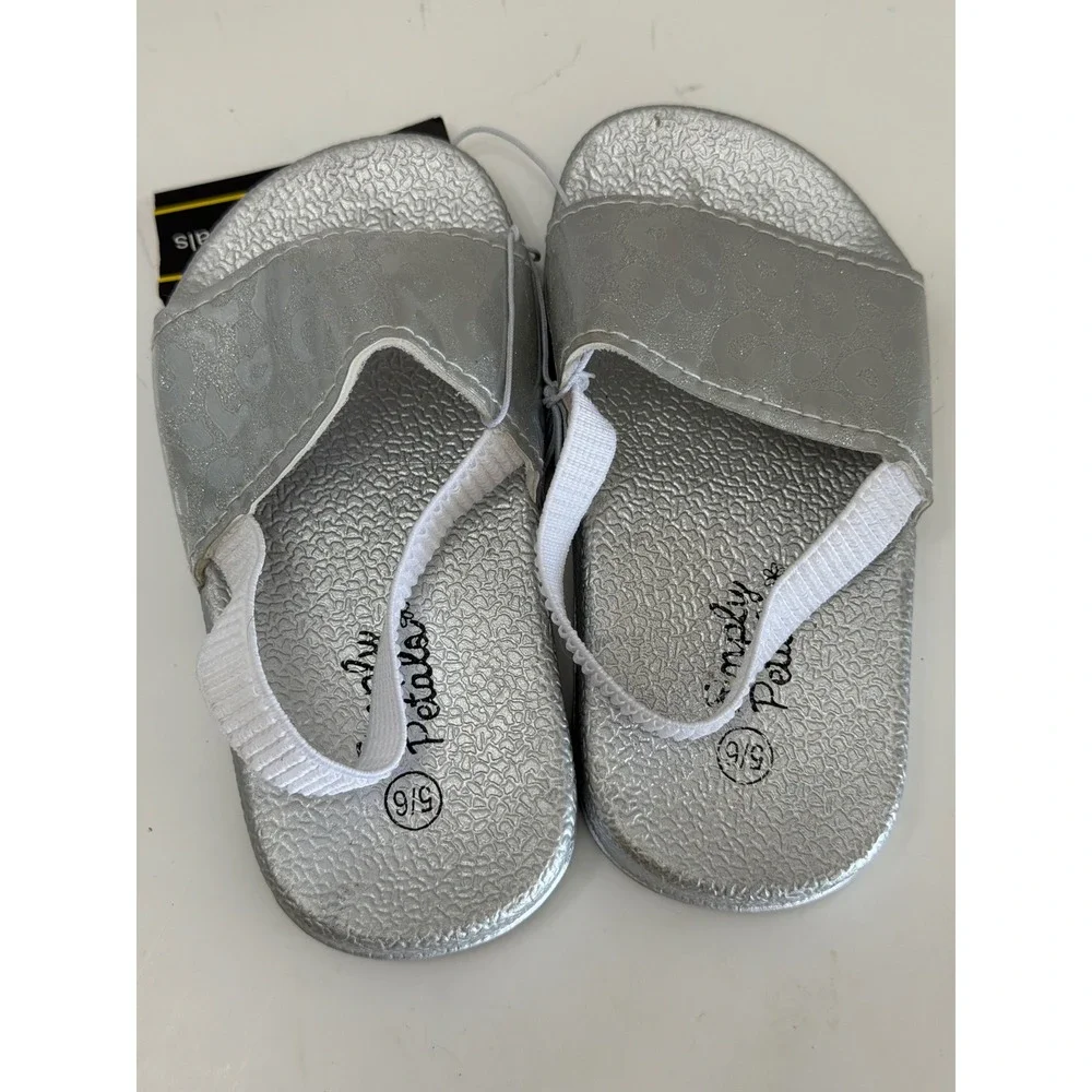 Simply Petals Toddler Sandals Silver Metallic Leopard Print Elastic Strap 5/6T